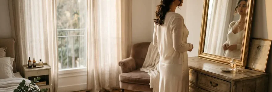 Une femme vue de profil observe son reflet dans un miroir élégant, baignée d'une lumière dorée naturelle dans une atmosphère apaisante