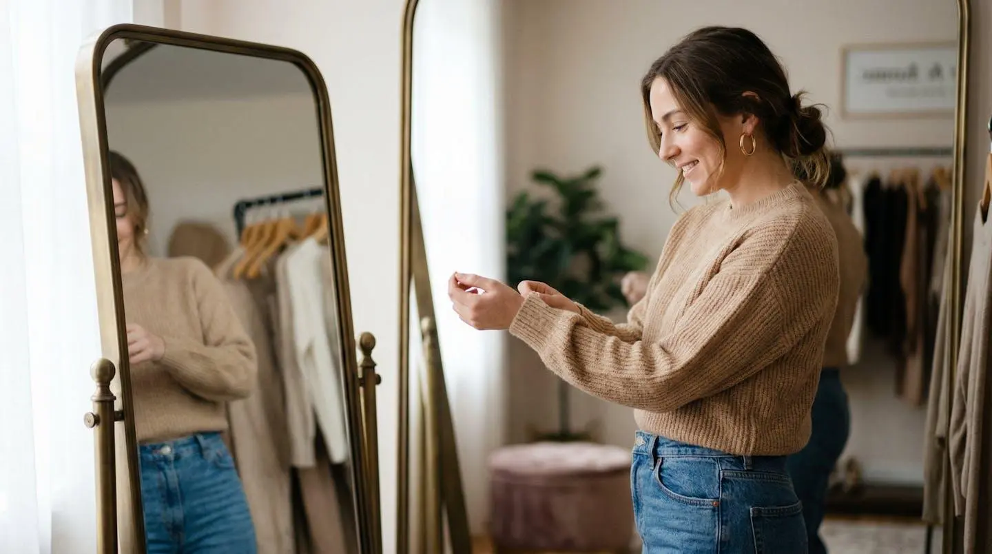 Une femme souriante vue de profil ajuste délicatement son vêtement devant un miroir dans un vestiaire lumineux