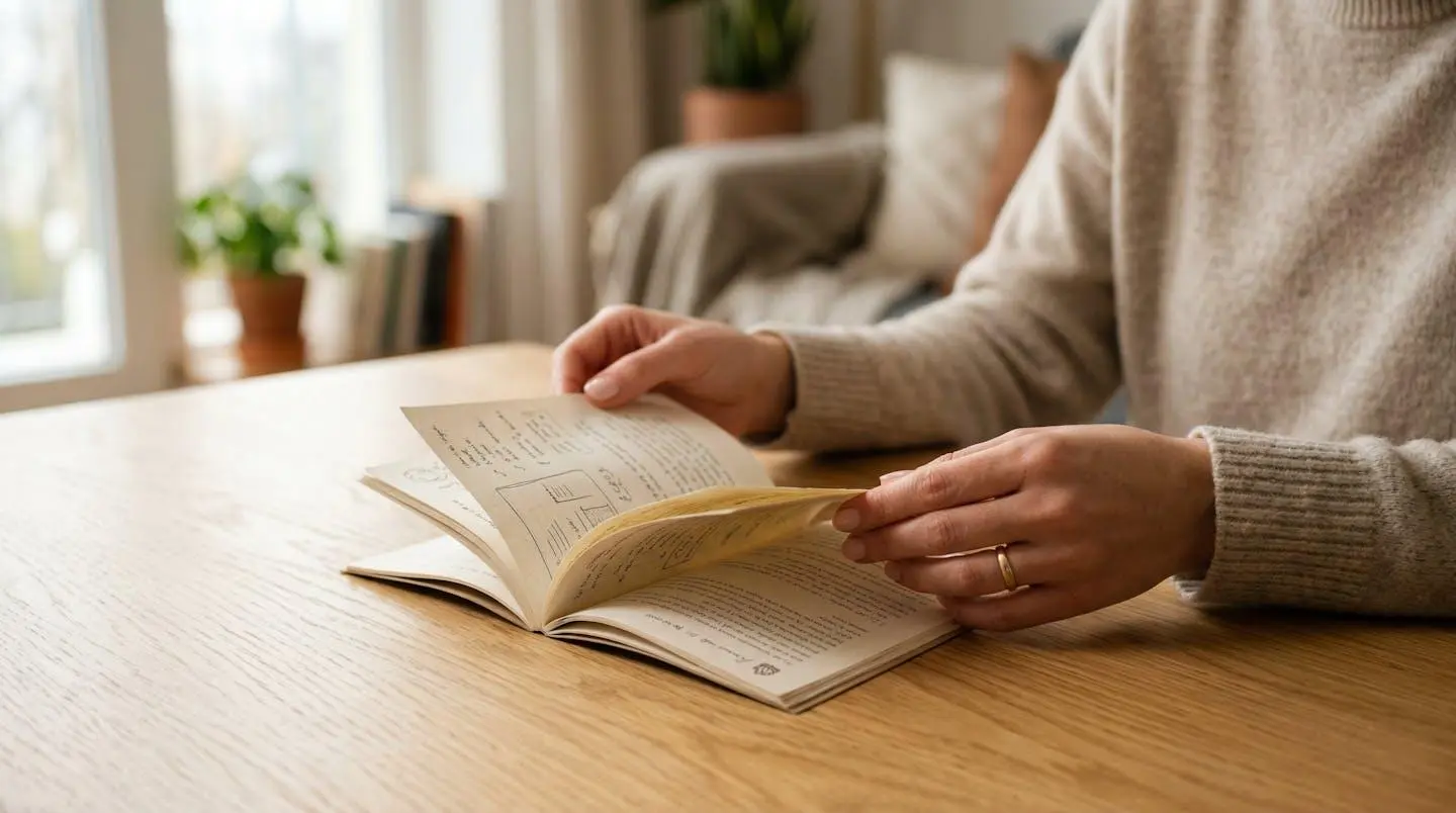 Des mains féminines feuilletent un livret d'information médicale posé sur une table en bois clair dans un environnement chaleureux