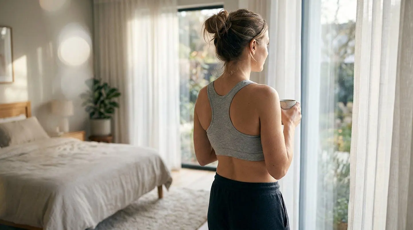 Une femme vue de dos dans une chambre lumineuse porte un soutien-gorge de contention, dans une atmosphère sereine de récupération