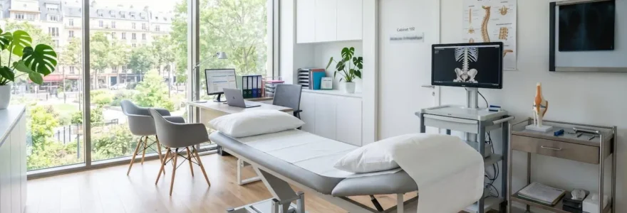 Salle de consultation médicale contemporaine vide avec grande fenêtre, table d'examen recouverte de papier blanc et équipement orthopédique moderne