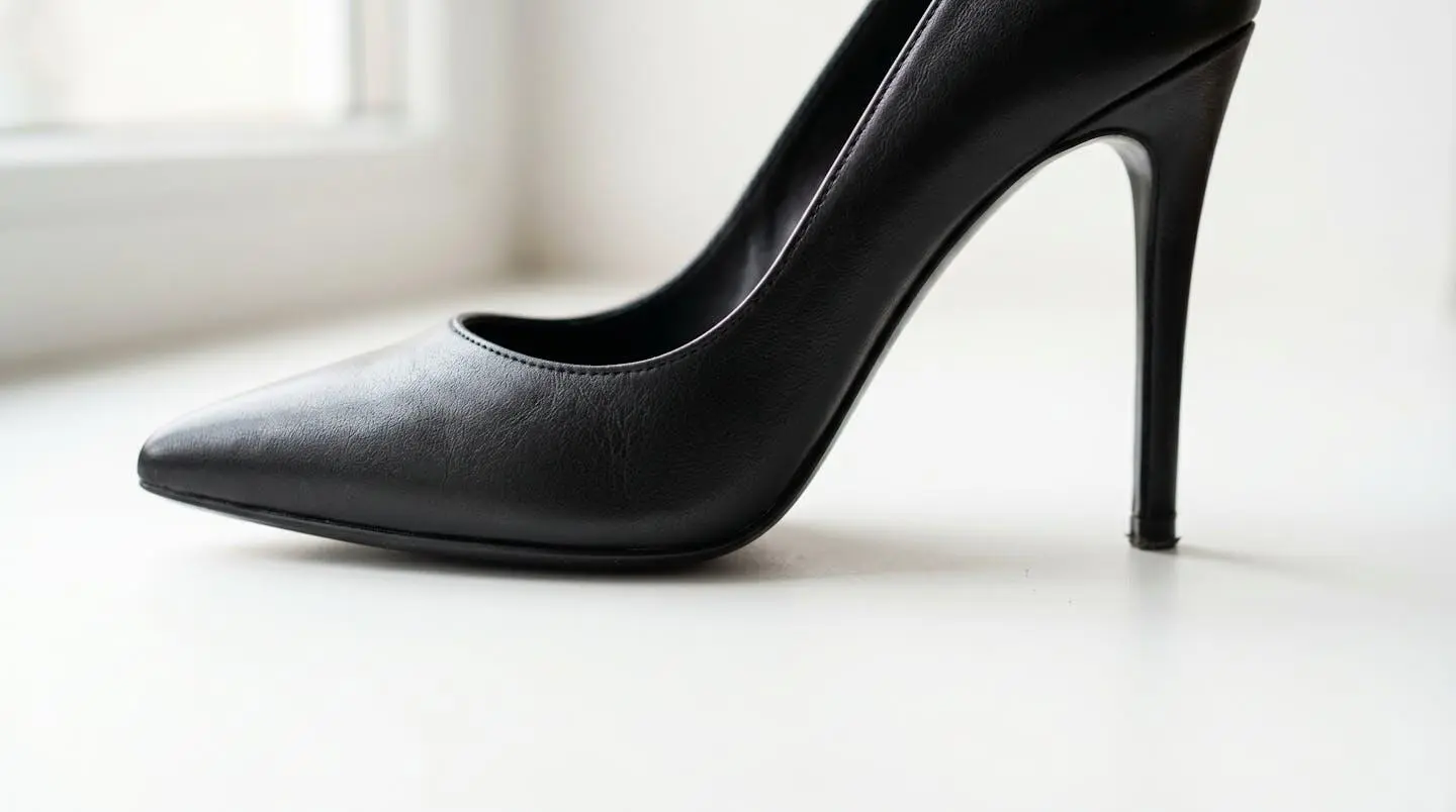 Gros plan sur un escarpin noir à talon aiguille et bout pointu posé sur une surface blanche moderne, avec mise au point sur la hauteur du talon