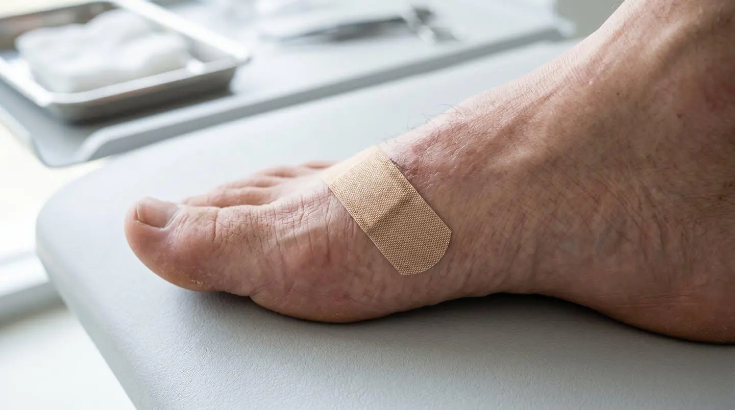 Vue rapprochée d'un pansement médical adhésif blanc sur un pied posé sur une surface claire