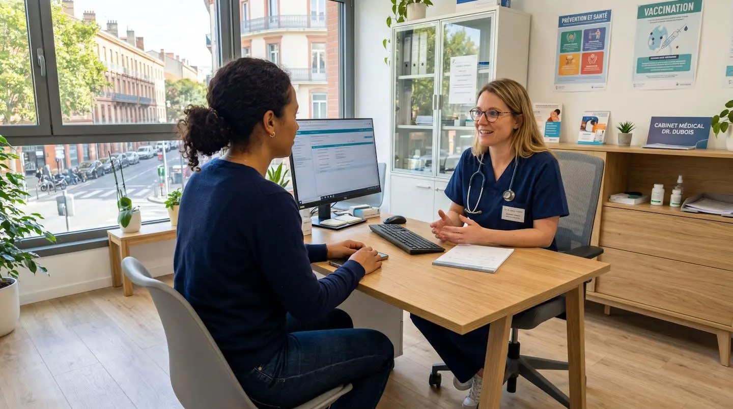 Patient vu de profil assis face à un médecin dans un cabinet médical lumineux et contemporain