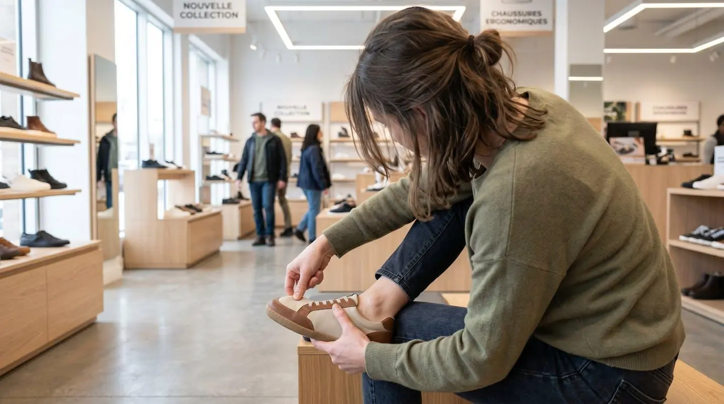 Personne vue de dos testant une chaussure à bout large dans un magasin contemporain, main vérifiant l'espace à l'avant-pied, visage non visible